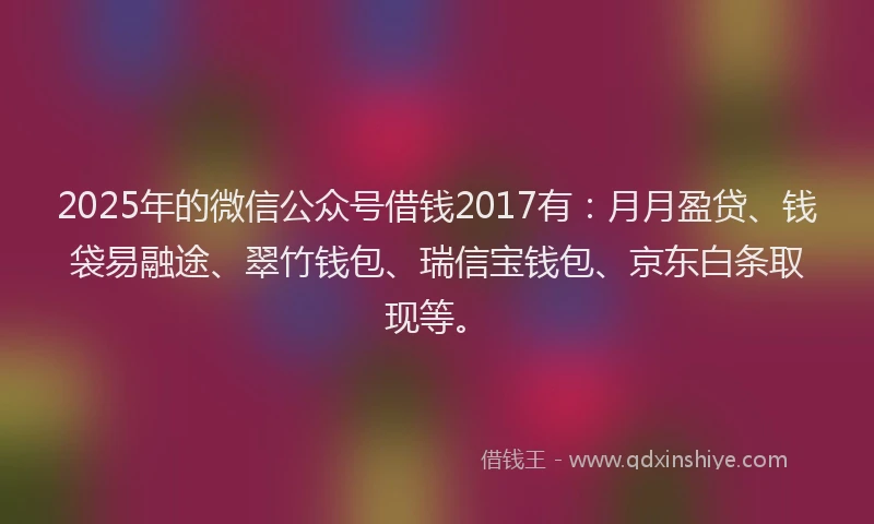 2025年的微信公众号借钱2017有：月月盈贷、钱袋易融途、翠竹钱包、瑞信宝钱包、京东白条取现等。