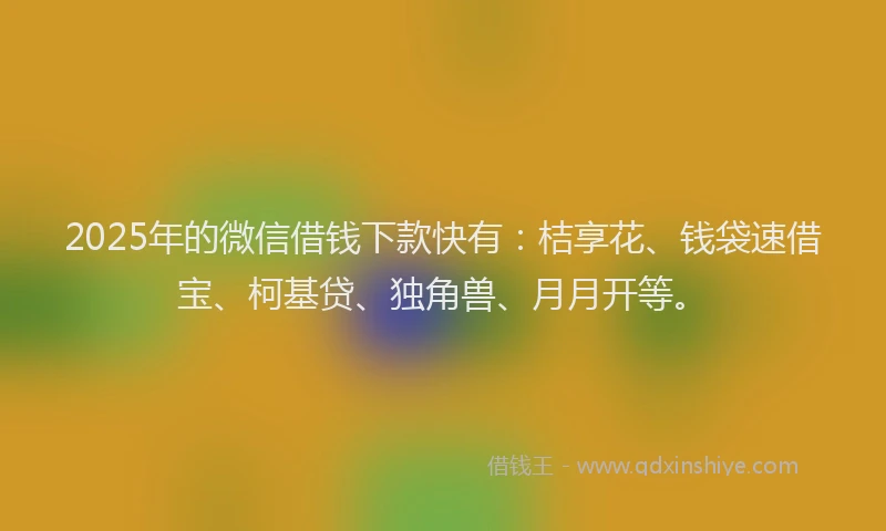 2025年的微信借钱下款快有：桔享花、钱袋速借宝、柯基贷、独角兽、月月开等。