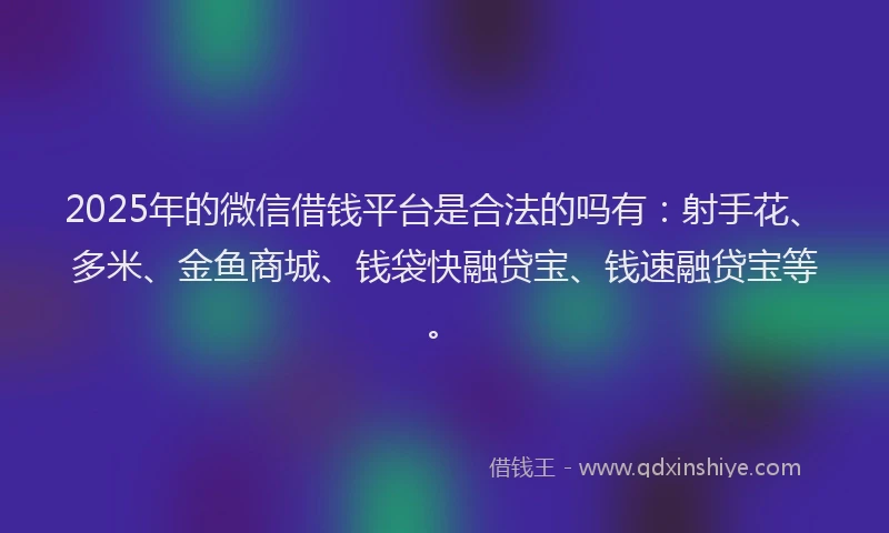 2025年的微信借钱平台是合法的吗有：射手花、多米、金鱼商城、钱袋快融贷宝、钱速融贷宝等。