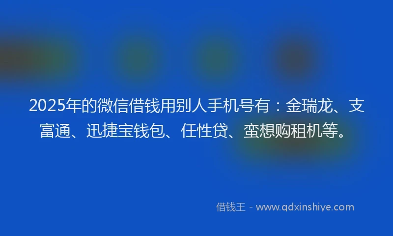 2025年的微信借钱用别人手机号有：金瑞龙、支富通、迅捷宝钱包、任性贷、蛮想购租机等。