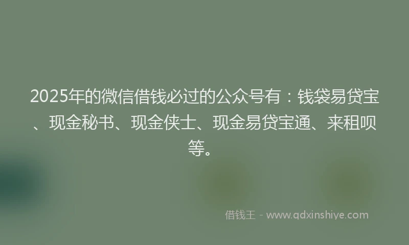2025年的微信借钱必过的公众号有：钱袋易贷宝、现金秘书、现金侠士、现金易贷宝通、来租呗等。