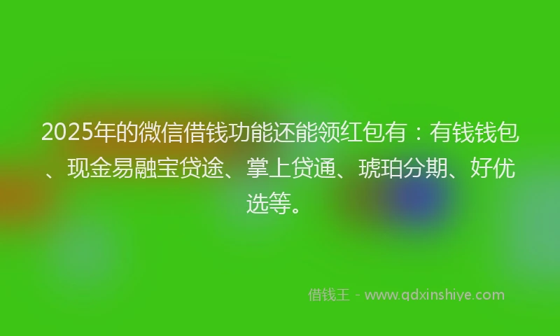 2025年的微信借钱功能还能领红包有：有钱钱包、现金易融宝贷途、掌上贷通、琥珀分期、好优选等。