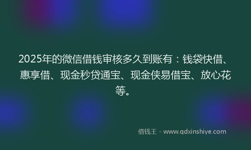 2025年的微信借钱审核多久到账有：钱袋快借、惠享借、现金秒贷通宝、现金侠易借宝、放心花等。