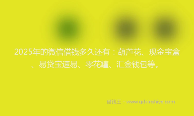 2025年的微信借钱多久还有：葫芦花、现金宝盒、易贷宝速易、零花罐、汇金钱包等。