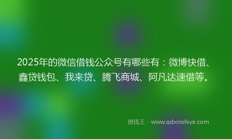 2025年的微信借钱公众号有哪些有：微博快借、鑫贷钱包、我来贷、腾飞商城、阿凡达速借等。