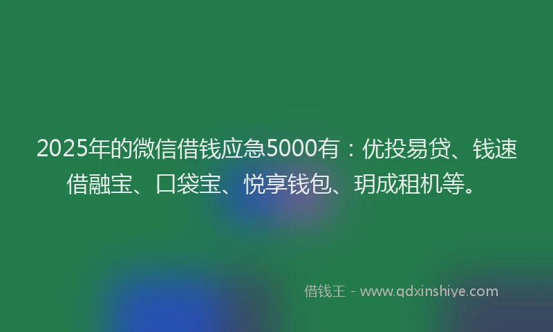 2025年的微信借钱应急5000有：优投易贷、钱速借融宝、口袋宝、悦享钱包、玥成租机等。