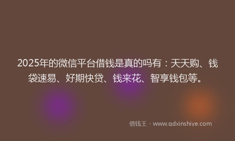 2025年的微信平台借钱是真的吗有：天天购、钱袋速易、好期快贷、钱来花、智享钱包等。