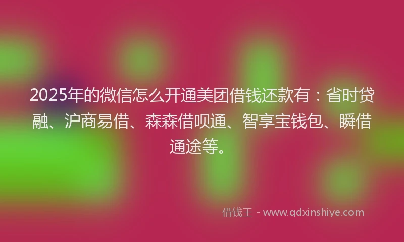 2025年的微信怎么开通美团借钱还款有：省时贷融、沪商易借、森森借呗通、智享宝钱包、瞬借通途等。
