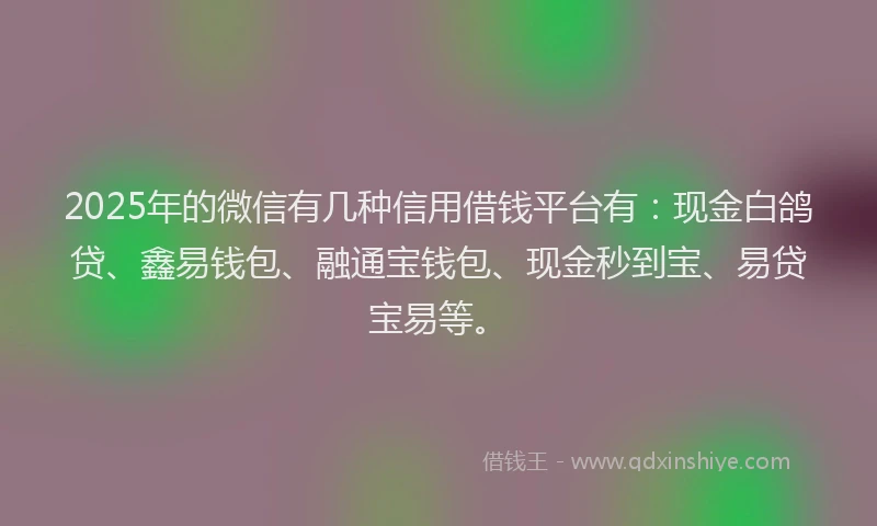 2025年的微信有几种信用借钱平台有：现金白鸽贷、鑫易钱包、融通宝钱包、现金秒到宝、易贷宝易等。