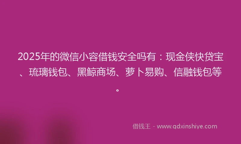 2025年的微信小容借钱安全吗有：现金侠快贷宝、琉璃钱包、黑鲸商场、萝卜易购、信融钱包等。