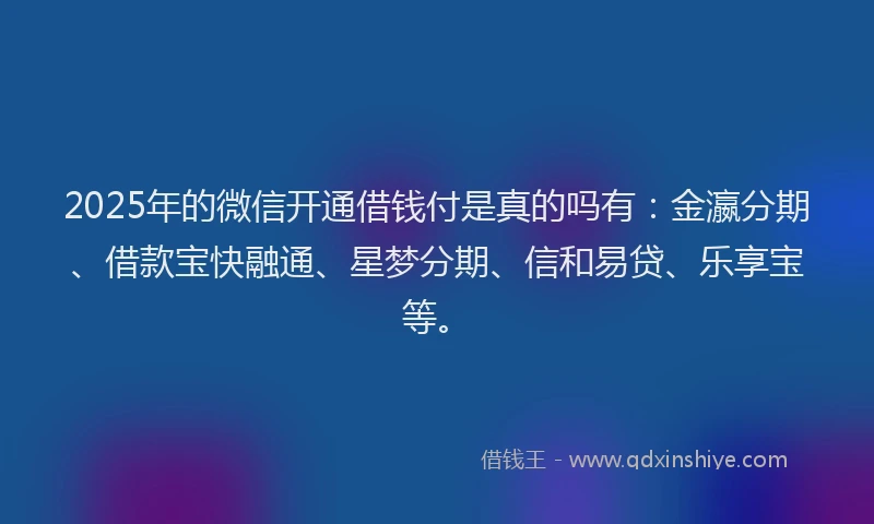2025年的微信开通借钱付是真的吗有：金瀛分期、借款宝快融通、星梦分期、信和易贷、乐享宝等。