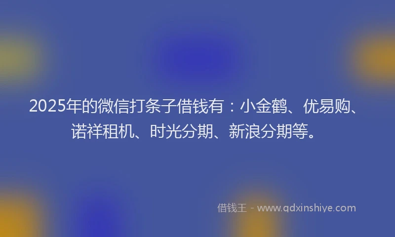 2025年的微信打条子借钱有：小金鹤、优易购、诺祥租机、时光分期、新浪分期等。