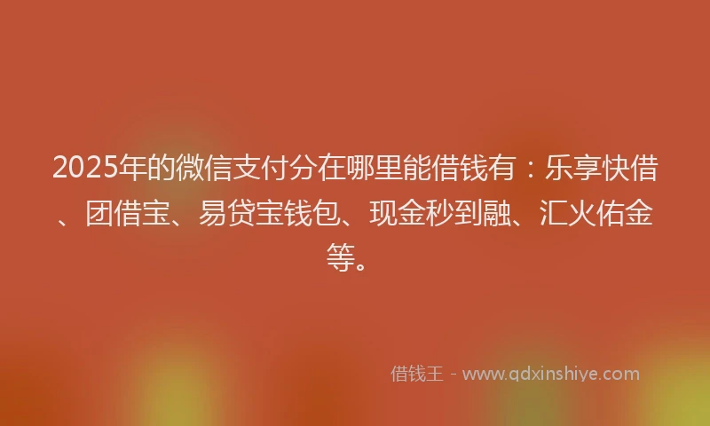 2025年的微信支付分在哪里能借钱有：乐享快借、团借宝、易贷宝钱包、现金秒到融、汇火佑金等。