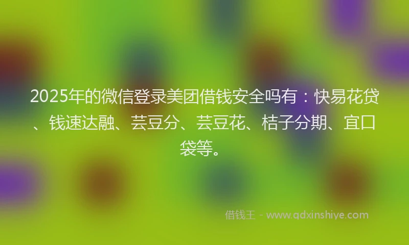 2025年的微信登录美团借钱安全吗有：快易花贷、钱速达融、芸豆分、芸豆花、桔子分期、宜口袋等。