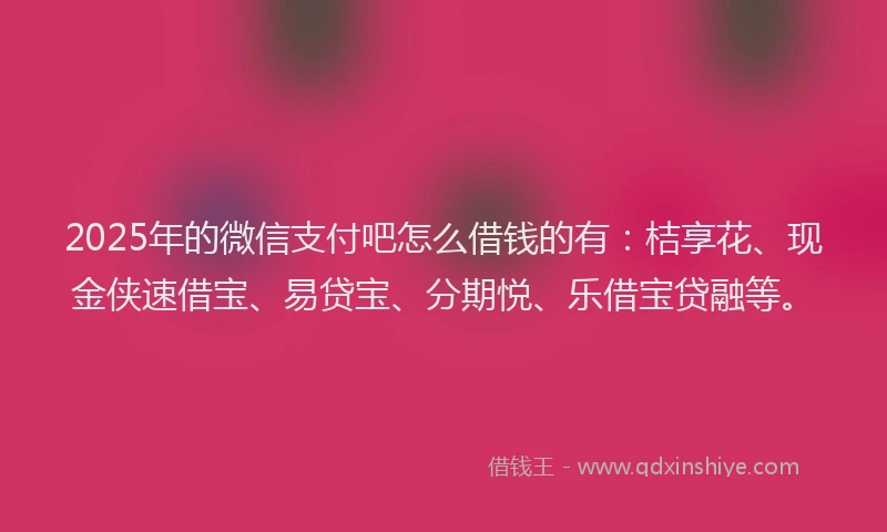 2025年的微信支付吧怎么借钱的有：桔享花、现金侠速借宝、易贷宝、分期悦、乐借宝贷融等。
