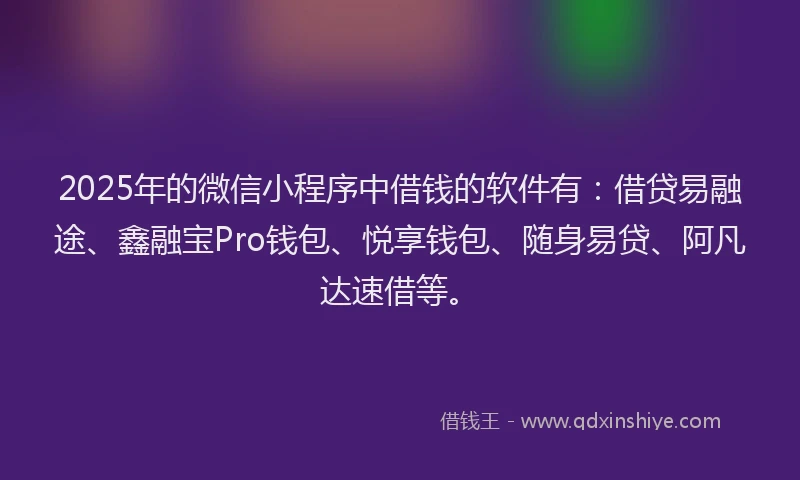 2025年的微信小程序中借钱的软件有：借贷易融途、鑫融宝Pro钱包、悦享钱包、随身易贷、阿凡达速借等。