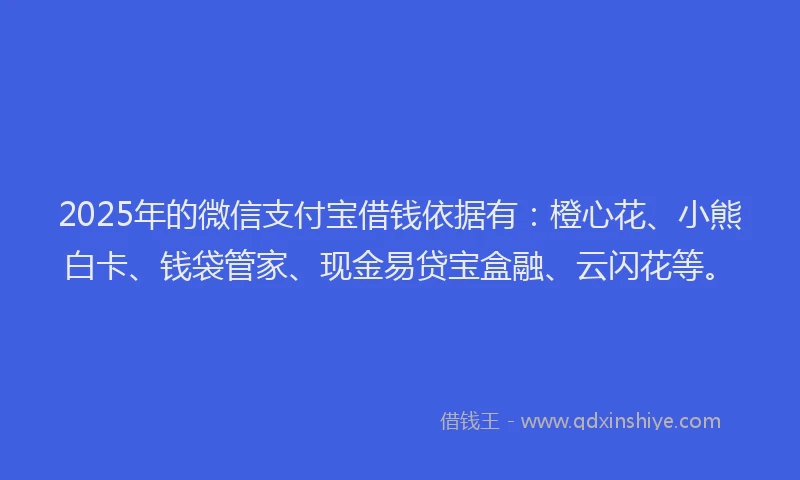 2025年的微信支付宝借钱依据有：橙心花、小熊白卡、钱袋管家、现金易贷宝盒融、云闪花等。