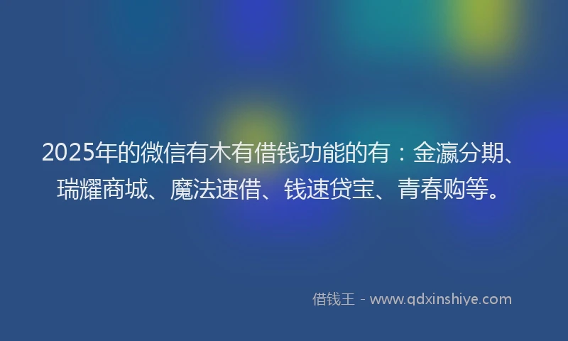 2025年的微信有木有借钱功能的有：金瀛分期、瑞耀商城、魔法速借、钱速贷宝、青春购等。
