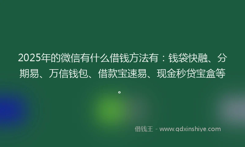 2025年的微信有什么借钱方法有：钱袋快融、分期易、万信钱包、借款宝速易、现金秒贷宝盒等。