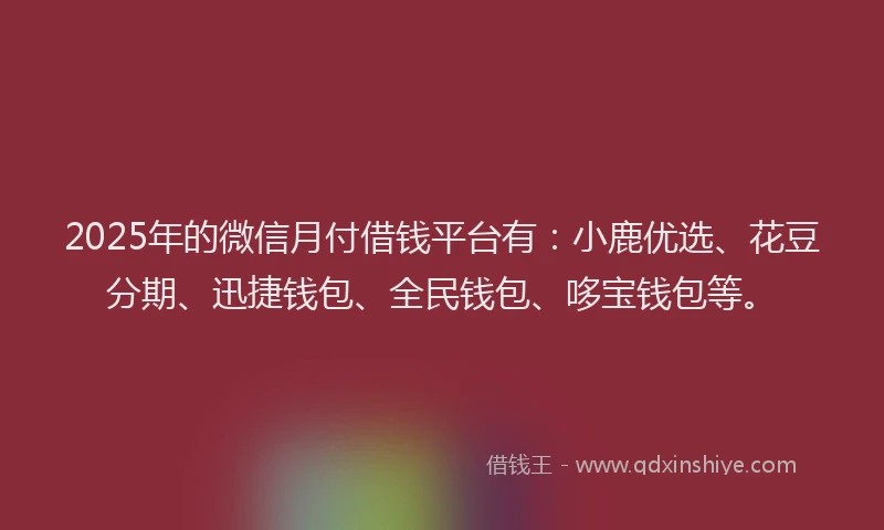 2025年的微信月付借钱平台有：小鹿优选、花豆分期、迅捷钱包、全民钱包、哆宝钱包等。