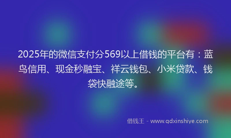 2025年的微信支付分569以上借钱的平台有：蓝鸟信用、现金秒融宝、祥云钱包、小米贷款、钱袋快融途等。