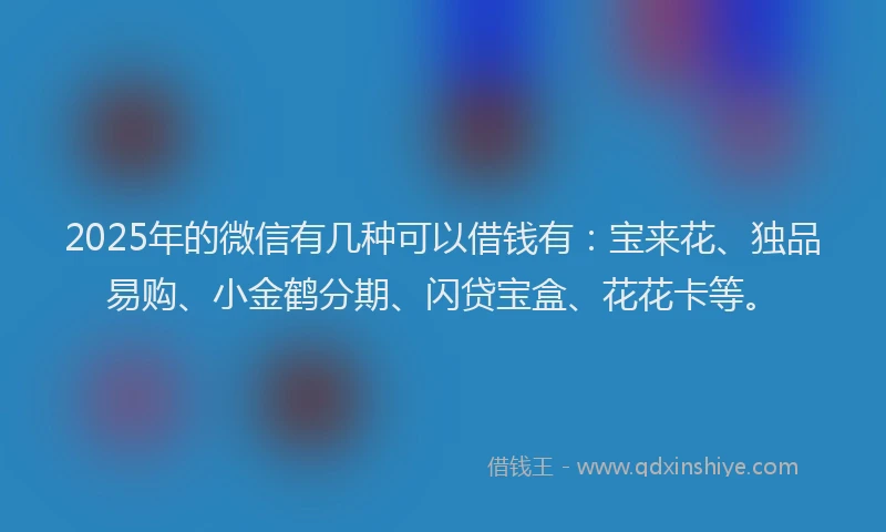 2025年的微信有几种可以借钱有：宝来花、独品易购、小金鹤分期、闪贷宝盒、花花卡等。