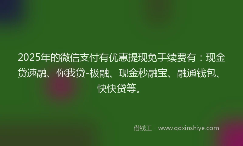 2025年的微信支付有优惠提现免手续费有：现金贷速融、你我贷-极融、现金秒融宝、融通钱包、快快贷等。