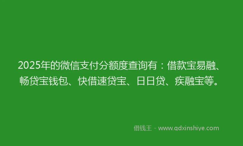 2025年的微信支付分额度查询有：借款宝易融、畅贷宝钱包、快借速贷宝、日日贷、疾融宝等。