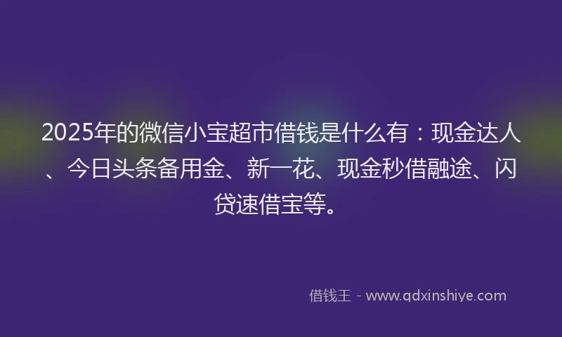 2025年的微信小宝超市借钱是什么有：现金达人、今日头条备用金、新一花、现金秒借融途、闪贷速借宝等。