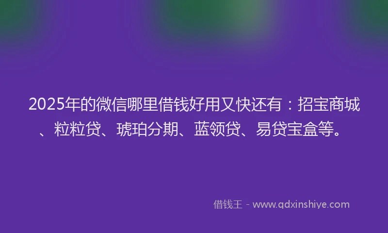 2025年的微信哪里借钱好用又快还有：招宝商城、粒粒贷、琥珀分期、蓝领贷、易贷宝盒等。