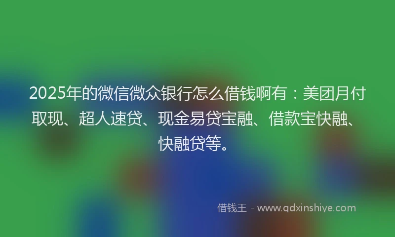 2025年的微信微众银行怎么借钱啊有：美团月付取现、超人速贷、现金易贷宝融、借款宝快融、快融贷等。