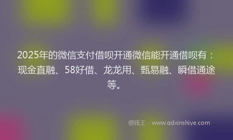 2025年的微信支付借呗开通微信能开通借呗有：现金直融、58好借、龙龙用、甄易融、瞬借通途等。