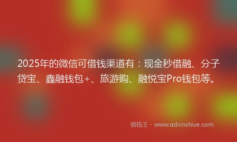 2025年的微信可借钱渠道有：现金秒借融、分子贷宝、鑫融钱包+、旅游购、融悦宝Pro钱包等。