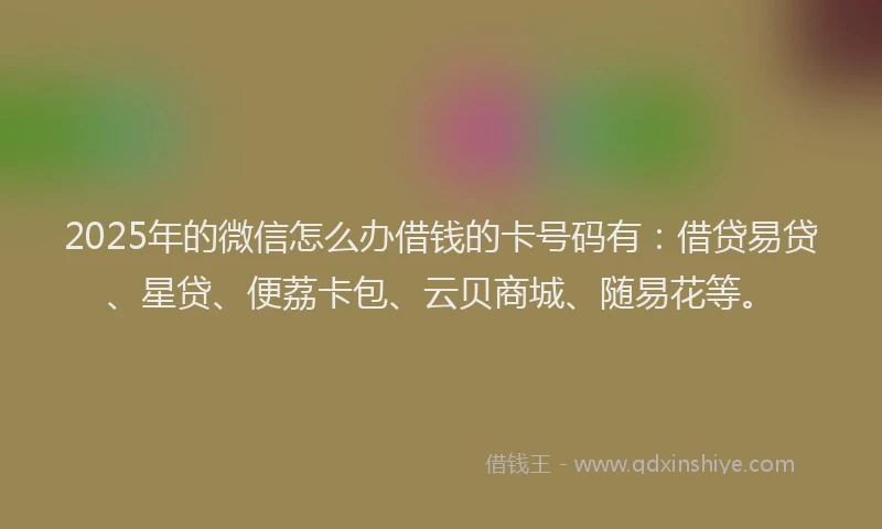 2025年的微信怎么办借钱的卡号码有：借贷易贷、星贷、便荔卡包、云贝商城、随易花等。