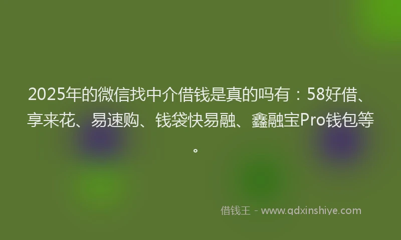 2025年的微信找中介借钱是真的吗有：58好借、享来花、易速购、钱袋快易融、鑫融宝Pro钱包等。