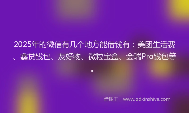 2025年的微信有几个地方能借钱有：美团生活费、鑫贷钱包、友好物、微粒宝盒、金瑞Pro钱包等。