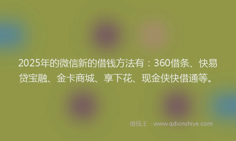 2025年的微信新的借钱方法有：360借条、快易贷宝融、金卡商城、享下花、现金侠快借通等。