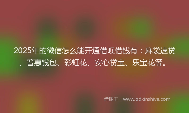 2025年的微信怎么能开通借呗借钱有：麻袋速贷、普惠钱包、彩虹花、安心贷宝、乐宝花等。