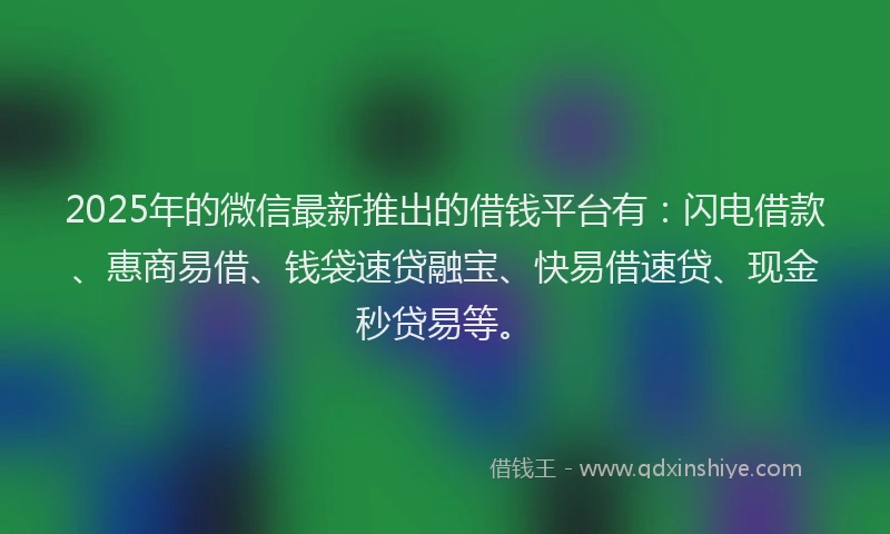2025年的微信最新推出的借钱平台有：闪电借款、惠商易借、钱袋速贷融宝、快易借速贷、现金秒贷易等。