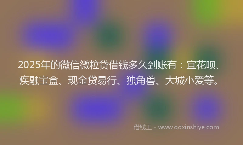 2025年的微信微粒贷借钱多久到账有：宜花呗、疾融宝盒、现金贷易行、独角兽、大城小爱等。