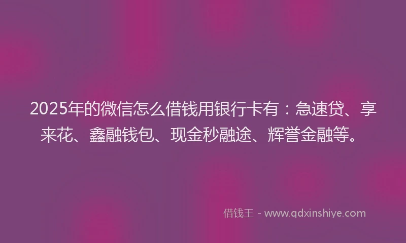 2025年的微信怎么借钱用银行卡有:急速贷、享来花、鑫融钱包、现金秒融途、辉誉金融等。