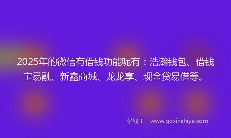 2025年的微信有借钱功能呢有：浩瀚钱包、借钱宝易融、新鑫商城、龙龙享、现金贷易借等。