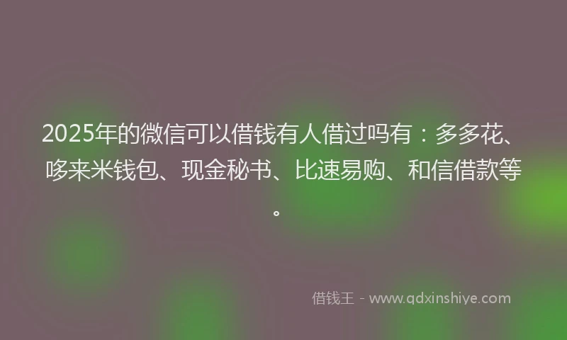 2025年的微信可以借钱有人借过吗有：多多花、哆来米钱包、现金秘书、比速易购、和信借款等。