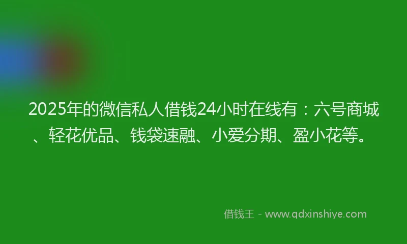 2025年的微信私人借钱24小时在线有：六号商城、轻花优品、钱袋速融、小爱分期、盈小花等。