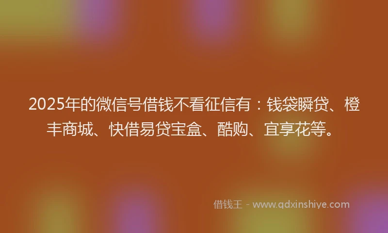 2025年的微信号借钱不看征信有：钱袋瞬贷、橙丰商城、快借易贷宝盒、酷购、宜享花等。