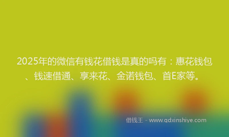 2025年的微信有钱花借钱是真的吗有：惠花钱包、钱速借通、享来花、金诺钱包、首E家等。