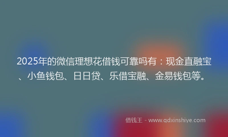 2025年的微信理想花借钱可靠吗有：现金直融宝、小鱼钱包、日日贷、乐借宝融、金易钱包等。