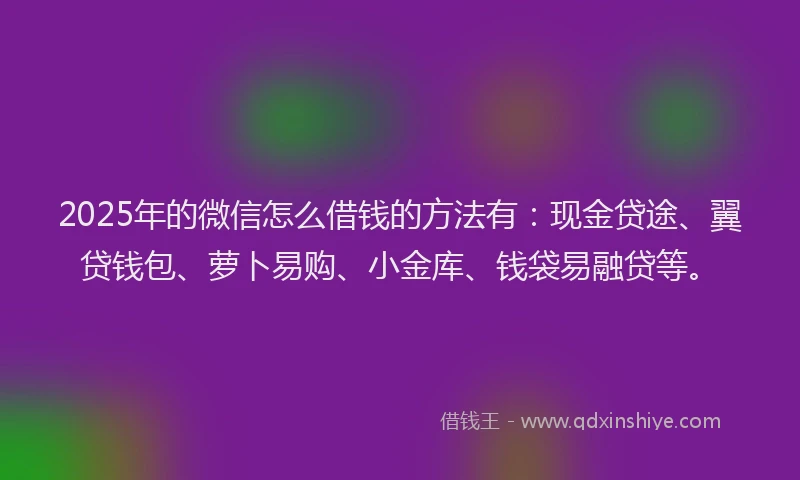 2025年的微信怎么借钱的方法有：现金贷途、翼贷钱包、萝卜易购、小金库、钱袋易融贷等。