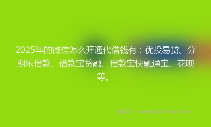 2025年的微信怎么开通代借钱有：优投易贷、分期乐借款、借款宝贷融、借款宝快融通宝、花呗等。
