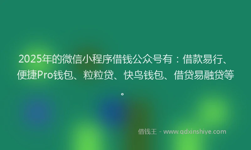 2025年的微信小程序借钱公众号有：借款易行、便捷Pro钱包、粒粒贷、快鸟钱包、借贷易融贷等。